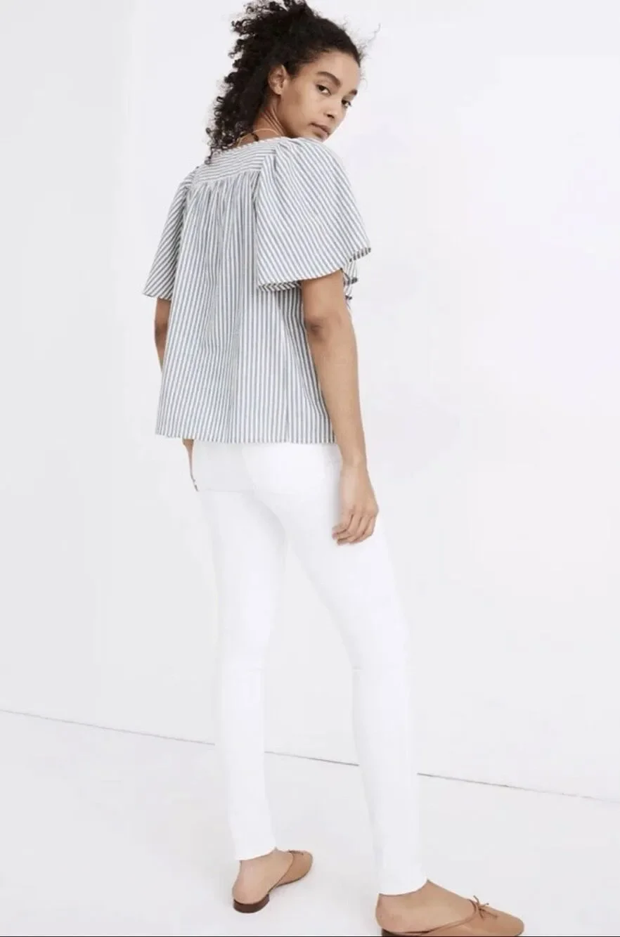 Madewell Courtyard Striped Puff Sleeve Peplum Blouse Medium Blue White Button Fr